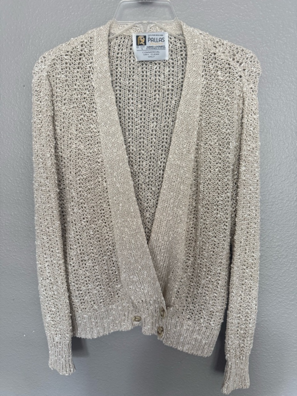 VTG Pallas Original Ireland Irish Linen Hand Loomed Cardigan Sweater Beige L